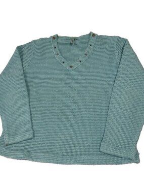 Focus Casual Life Women's Medium Aqua Blue Waffle Knit Top V-Neck Art to Wear